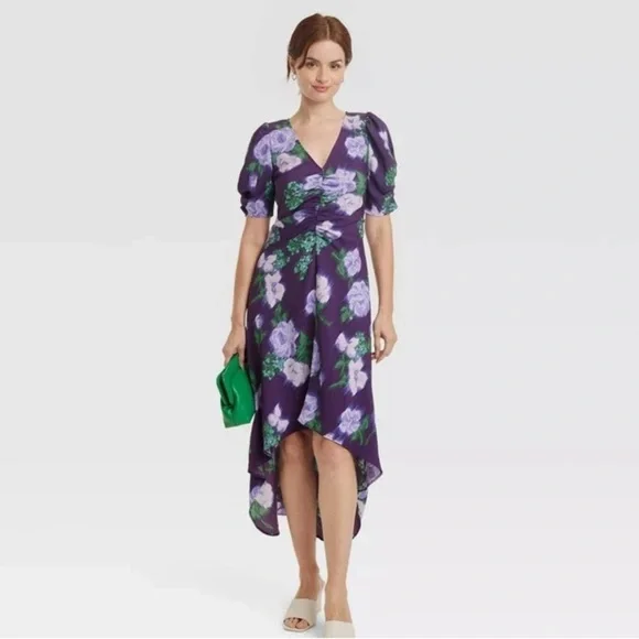 NWT 2 For 1 A New Day High Low Ruched Sleeve Dress 1 Polkadot & 1 Purple Flower - Picture 2 of 15
